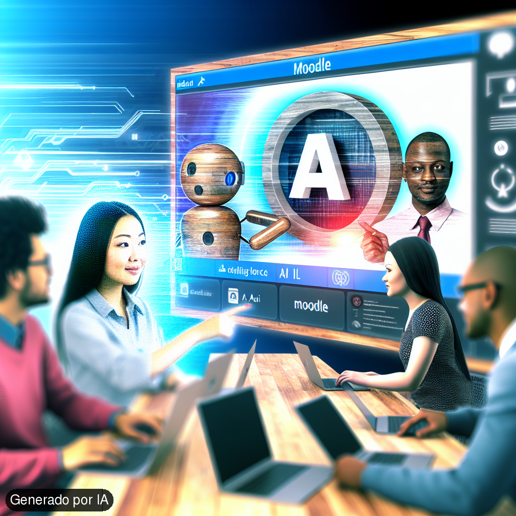An artistic cover image for an educational course exploring the use of Moodle with Artificial Intelligence. The image should depict a modern classroom setting with a large screen displaying the Moodle logo and an AI symbol. There should be a diverse group of students and instructors interacting with the AI system. One student could be Asian female, and another could be a Black male, both working on laptops with Moodle opened. The instructor can be a Middle-Eastern male, pointing towards the screen. The overall mood of the scene should be engaging and dynamic, highlighting the collaborative nature of education technology. - Generado por IA